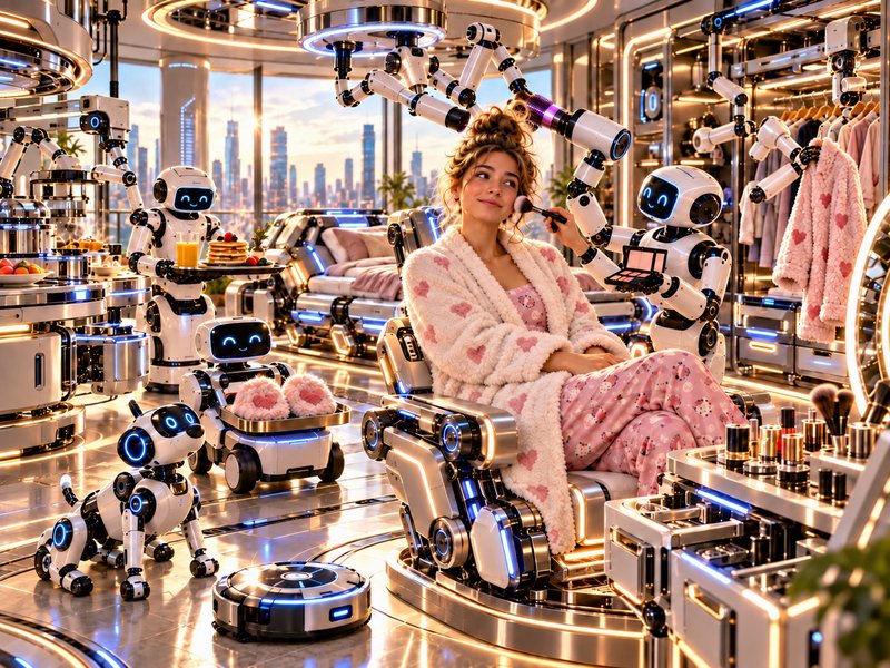 Woman in a fuzzy pink heart bathrobe gets ready with helper robots in a futuristic smart penthouse
