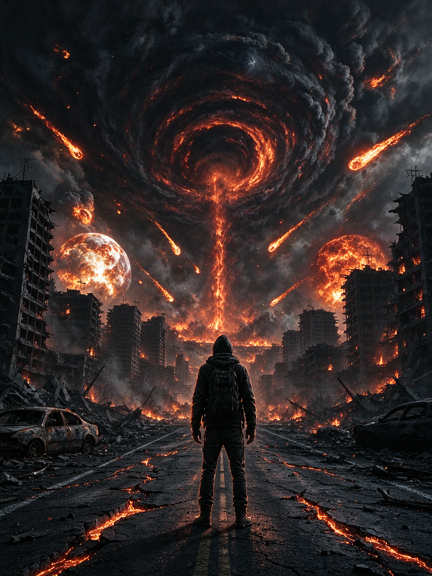Hooded survivor stands on a cracked road facing a burning apocalyptic city under a fiery swirling storm