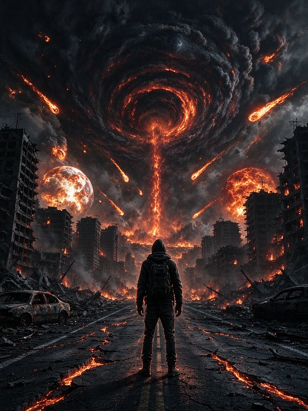 Hooded survivor stands on a cracked road facing a burning apocalyptic city under a fiery swirling...