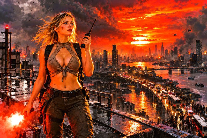 Female apocalypse survivor stands on a rooftop holding a flare and radio overlooking a burning ci...