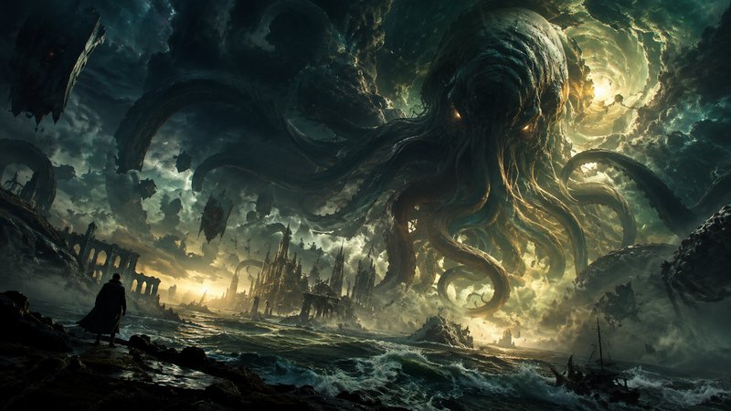 Lone silhouetted figure watches giant glowing-eyed Cthulhu rise over stormy seas and ruined gothic coastal cities