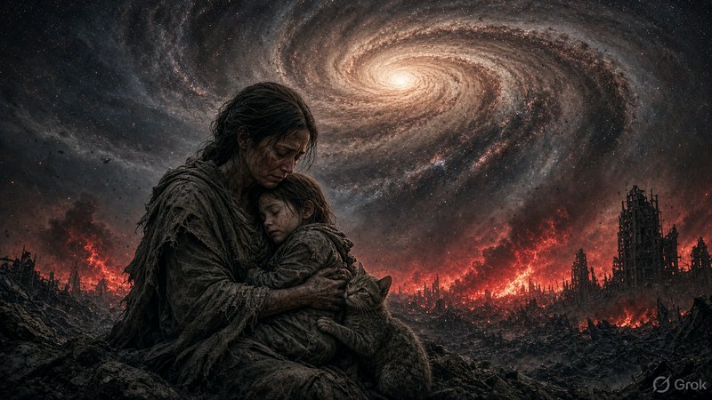 Weary survivor mother embraces her child and cat while sitting on a ruined post-apocalyptic waste...