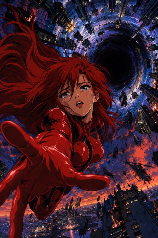 Crying red-haired anime girl in a red bodysuit reaches out as a floating city collapses into a sw...