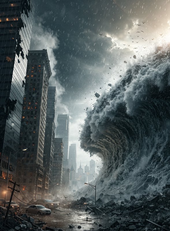 Massive curling tsunami wave crashes into a rain-soaked ruined downtown city street next to damag...