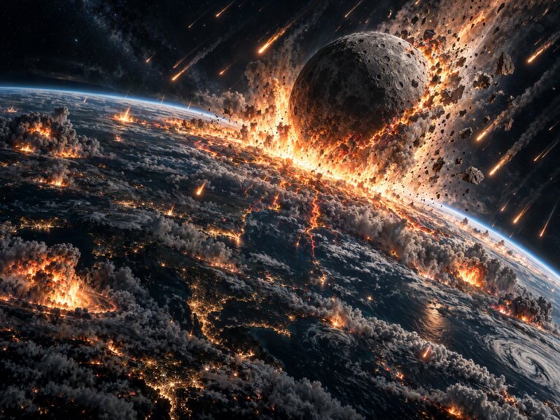 Cratered moon-sized object collides with Earth, triggering cataclysmic global firestorms viewed f...