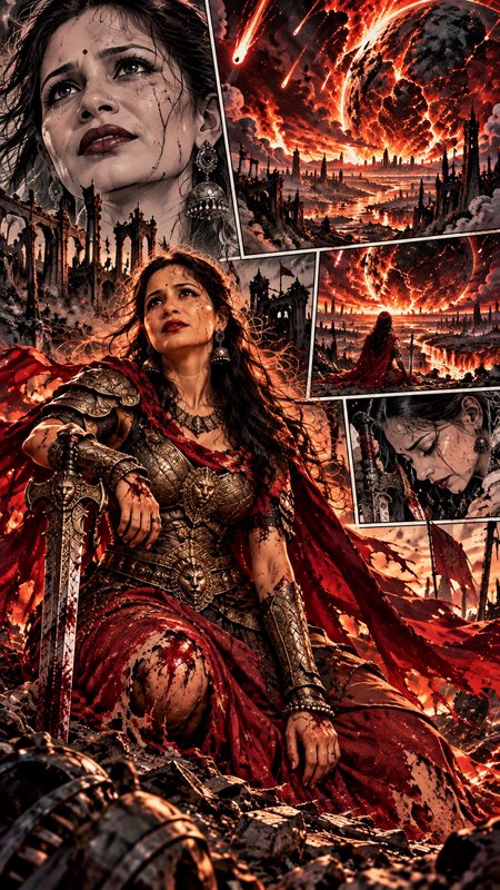 Wounded warrior queen rests on battle rubble as a burning apocalyptic planet looms over destroyed...