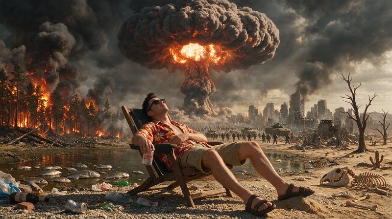 Man in a tropical shirt lounging with a beer as a nuclear mushroom cloud erupts behind him