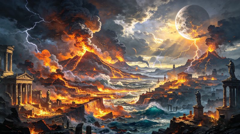 Erupting volcanoes, stormy seas, and lightning destroy an ancient Greco-Roman city under a fractu...