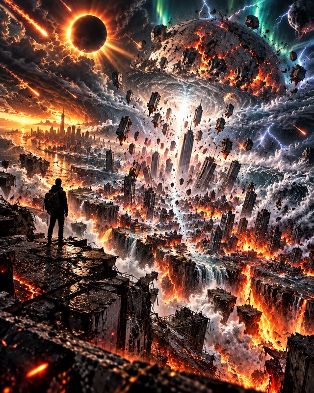 Silhouetted survivor stands on ruined skyscraper edge watching a floating city collapse during a ...