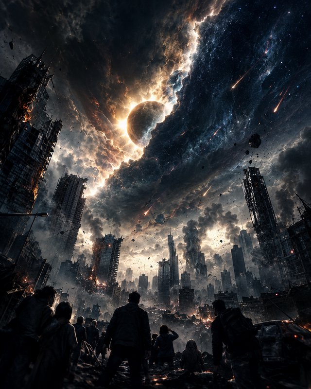 Silhouetted survivors watch a cosmic apocalypse unfold over a ruined crumbling city skyline