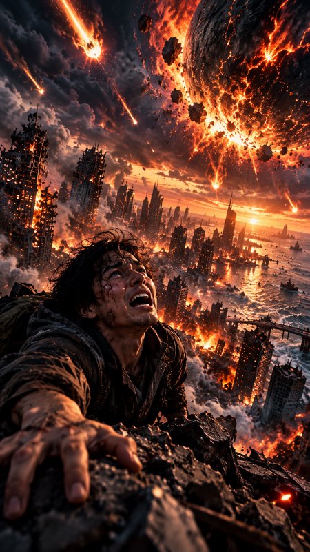 Desperate survivor clings to rubble as meteors rain destruction on a burning collapsing coastal city