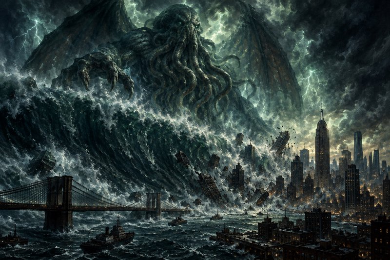 Gigantic Cthulhu rises from crashing storm surge waves to tower over crumbling New York City under lightning wracked skies