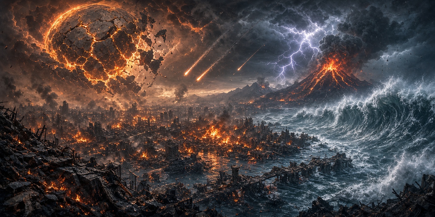 Apocalyptic doomsday scene with burning ruined city, erupting volcano, giant tsunami, and cracking exploding planet overhead