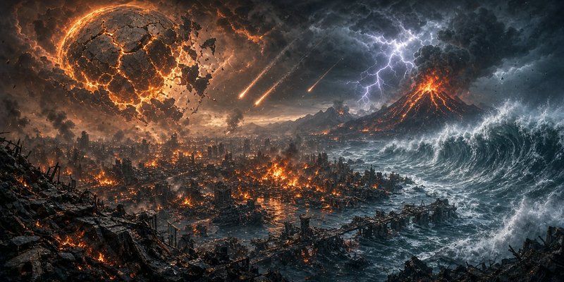 Apocalyptic doomsday scene with burning ruined city, erupting volcano, giant tsunami, and crackin...
