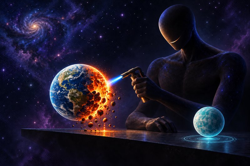 Faceless cosmic figure uses a blowtorch to melt planet Earth against a starry galaxy backdrop