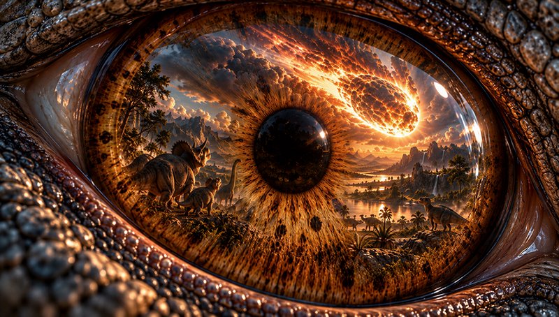 Extreme close-up of a dinosaur eye reflecting the blazing asteroid impact that ended the Cretaceo...