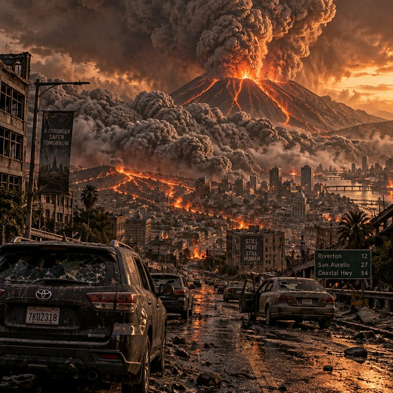 Erupting volcano spews lava and ash over a devastated city street lined with abandoned damaged ve...