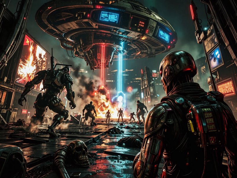 Armored cyborgs face off under a hovering sci-fi orbital platform above a burning dystopian city street