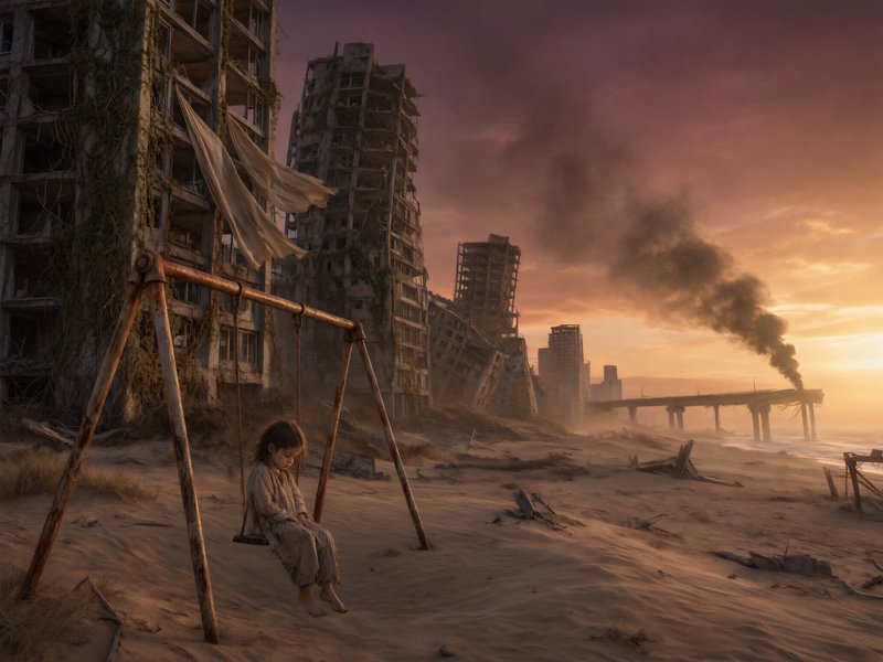 Lonely child seated on a rusted swing in a post-apocalyptic ruined beach city at golden sunset