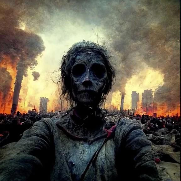 Hollow-eyed post-apocalyptic survivor takes a selfie against a burning destroyed city skyline