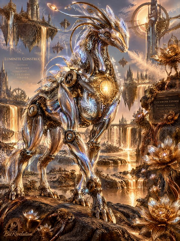 Intricate brass and crystal clockwork mythic beast stands in a floating steampunk fantasy cityscape