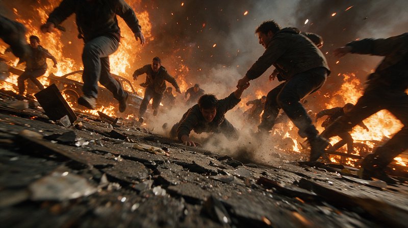 Civilians flee a raging explosion as a man pulls a fallen companion to safety across rubble strew...