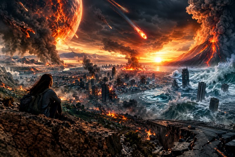 A lone survivor sits on a rocky cliff overlooking a city enduring a catastrophic apocalyptic event.