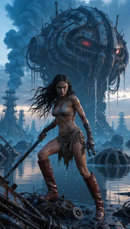 Fierce armed survivor woman stands before a giant rusted mech in a flooded post-apocalyptic industrial wasteland