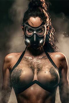 Muscular post-apocalyptic woman in a tactical gas mask stares directly at the viewer through hazy smoke.