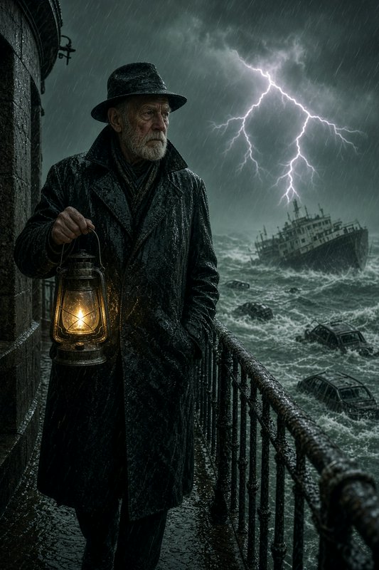 Bearded elderly harbour keeper holding a lit lantern stands on a pier as lightning flashes over s...