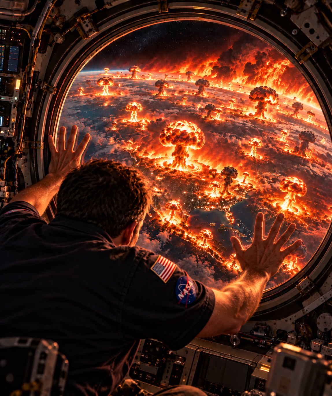 Astronaut presses hands to space station porthole watching global nuclear explosions erupt across Earth