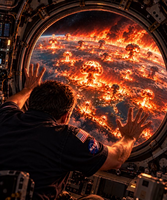 Astronaut presses hands to space station porthole watching global nuclear explosions erupt across...