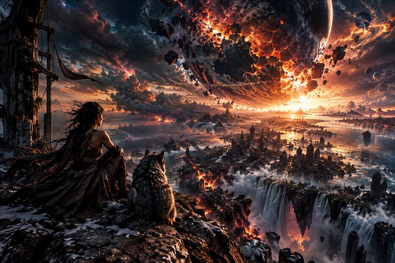Warrior woman and her wolf companion sit on a cliff observing an exploding planet above a ruined ...