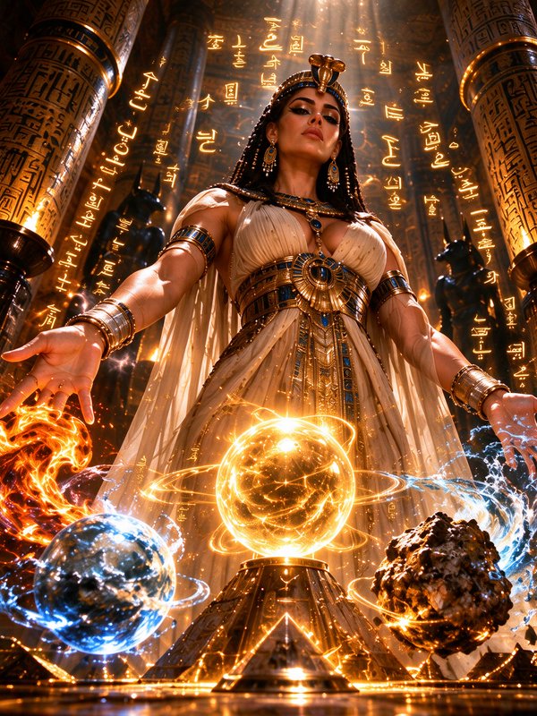 Ancient Egyptian goddess summons glowing elemental orbs inside a hieroglyph-covered golden temple
