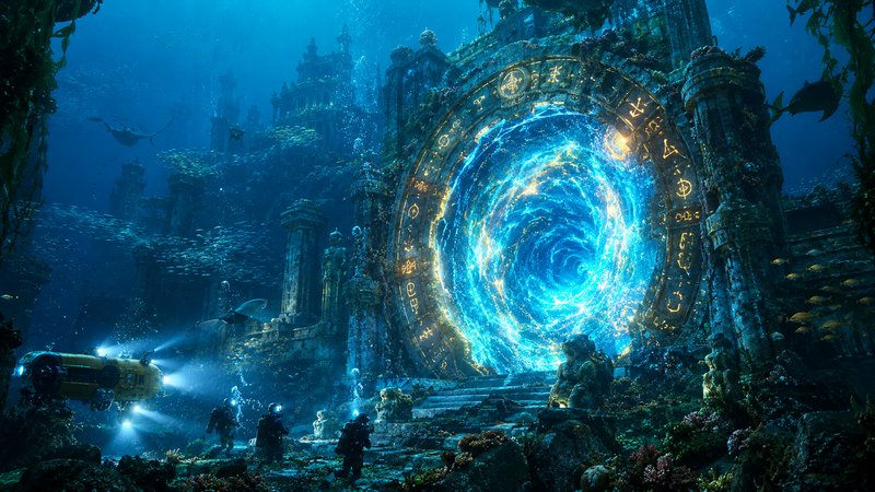 Scuba divers and a submersible approach a glowing rune-carved portal in an ancient sunken underwa...
