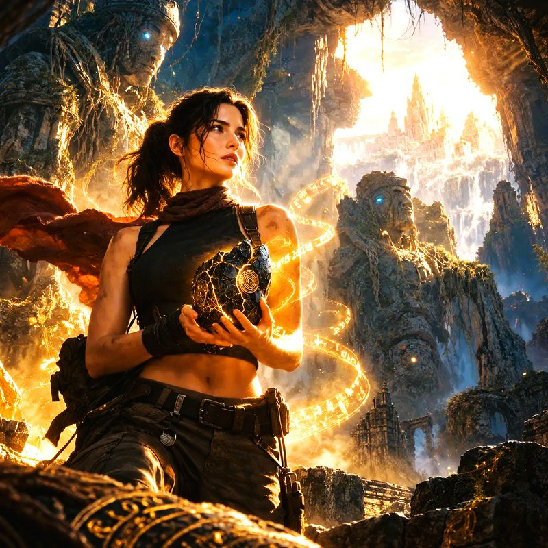 Female explorer holds a glowing magical artifact in an overgrown ancient temple flanked by giant ...
