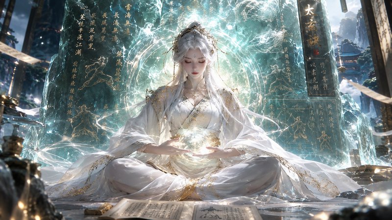 White robed xianxia female cultivator meditating while holding a glowing orb in front of rune etc...