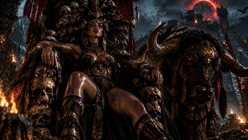 Dark fantasy warrior queen seated on a gilded skull throne beside an armored bull under a red blo...