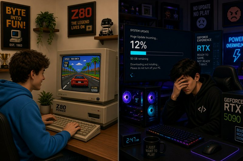 Split screen comparison of a happy retro PC gamer playing classic games vs a frustrated modern ga...