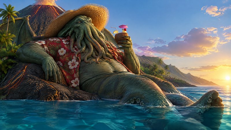 Cthulhu wearing a straw hat and Hawaiian shirt relaxes on a tropical shore holding a coconut cock...
