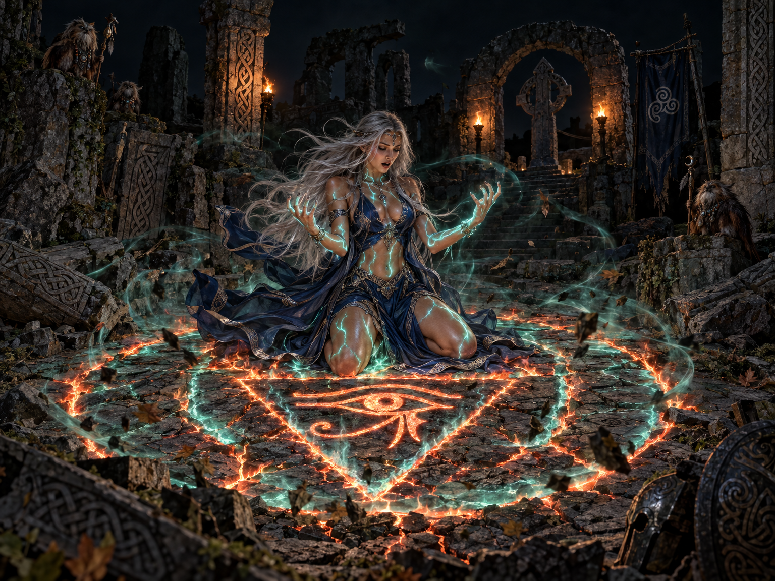 Silver-haired sorceress channels glowing magic from a runic ritual circle in ancient stone temple ruins