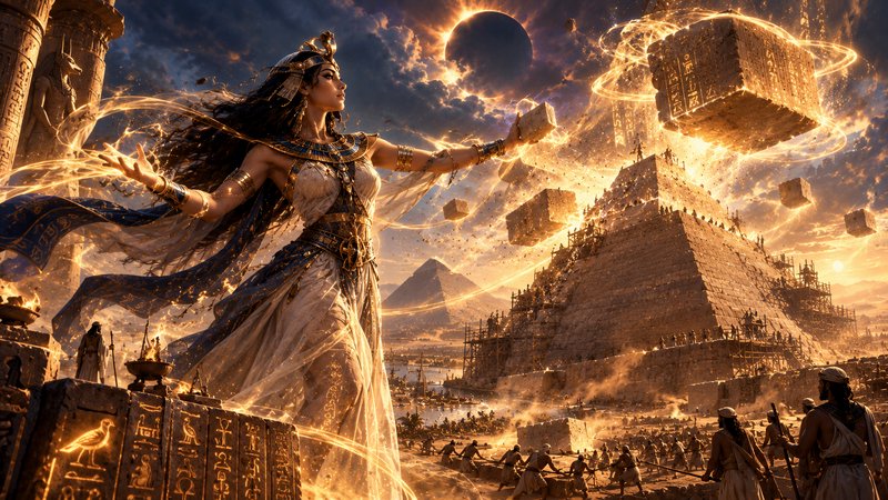 Ancient Egyptian magic user levitates pyramid building stones under a solar eclipse at a construc...