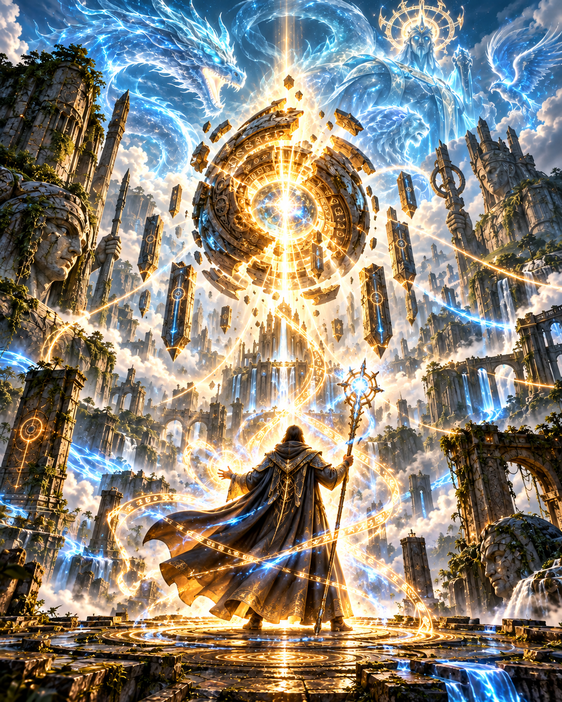 Robed archmage casts a powerful spell before a glowing celestial portal above cloud-top ancient floating ruins