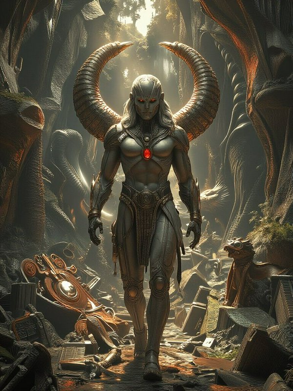 Armored horned fantasy alien warrior walks through a misty ruined ancient temple cavern