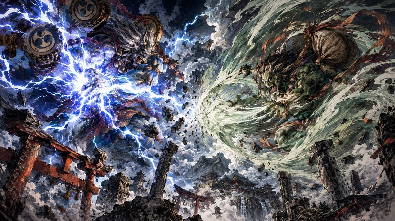Raijin the thunder god clashes against wind god Fujin above crumbling ancient Japanese shrine ruins