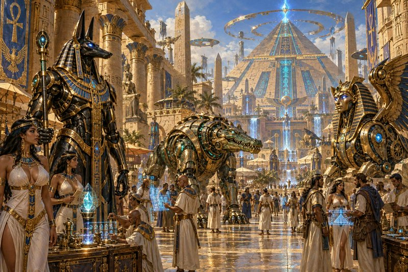 Bustling futuristic ancient Egyptian plaza with robotic gods, glowing tech pyramid, and citizens ...