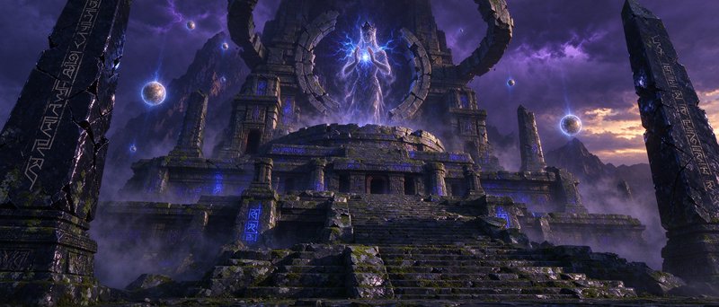 Glowing ethereal spirit deity floats above a rune-covered ancient stone temple under a purple sto...