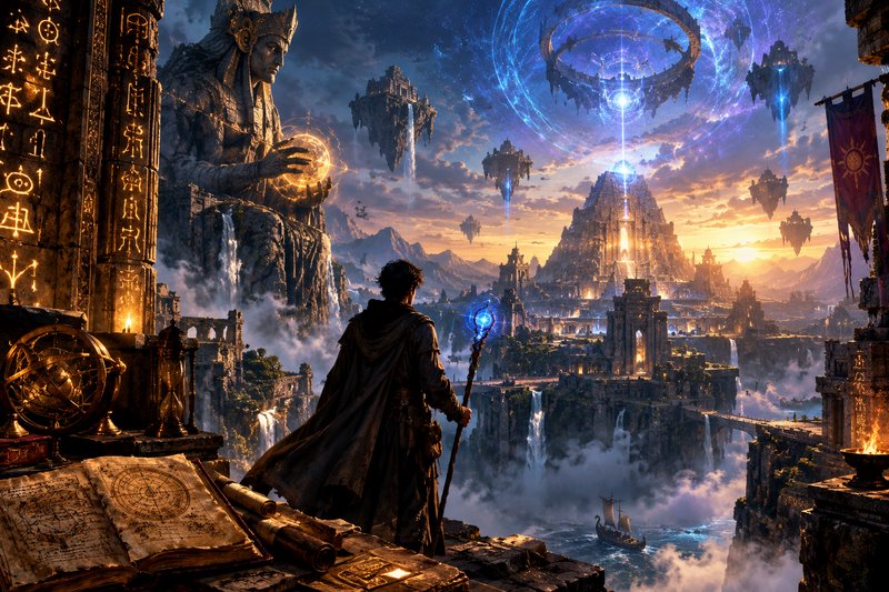Robed wizard with glowing staff overlooks a fantastical floating arcane city at golden sunset