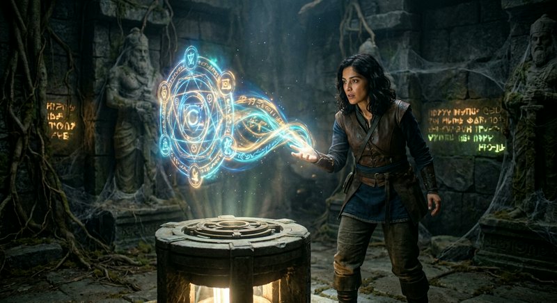 Female adventurer conjures a glowing arcane rune circle inside an overgrown ancient temple ruin
