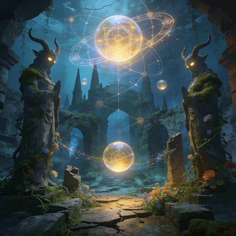 Glowing arcane orbs float between horned guardian statues at an ancient sunken underwater temple ...
